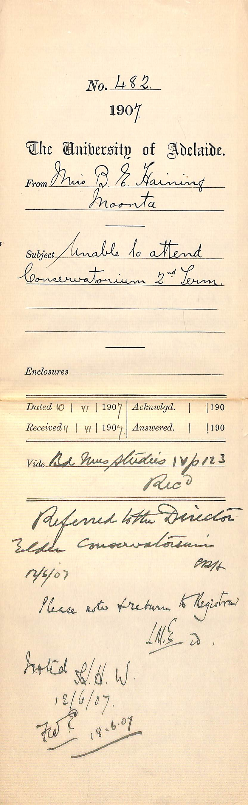 Miss B E Haining - Moonta - Unable to attend Conservatorium 2nd Term