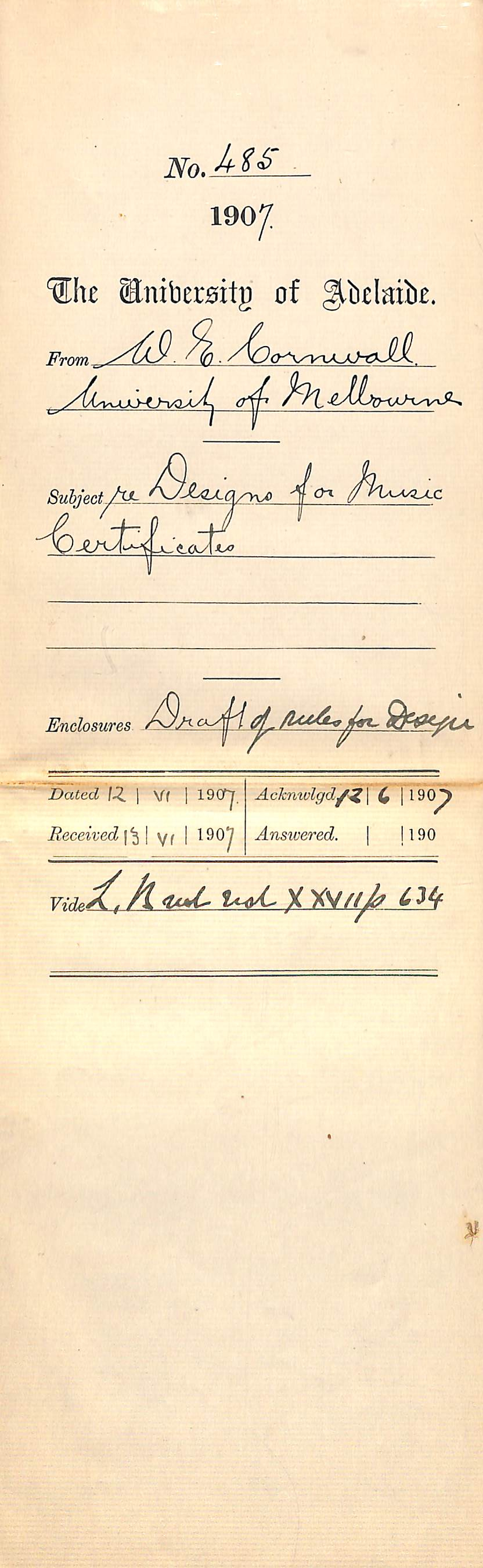 Walter Emerson Cornwall - Registrar - The University of Melbourne - Design for Music Certificates   Enclosure: Draft of rules for Design