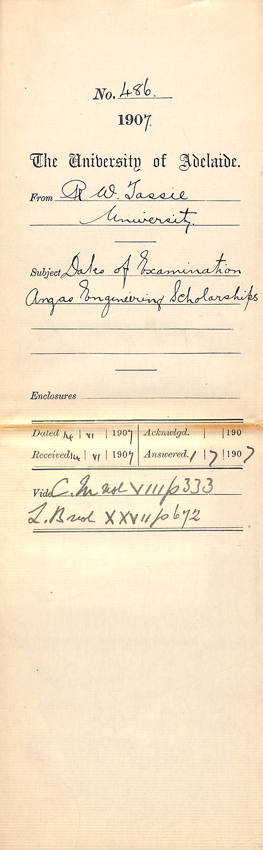 Robert Wilson Tassie - The University - Dates of Examinations Angas Engineering Scholarship