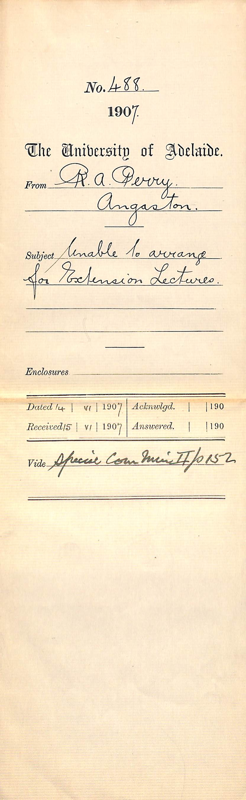 R A Perry [Honorary Secretary - Angaston Institute] - Angaston - Unable to arrange for Extension Lectures