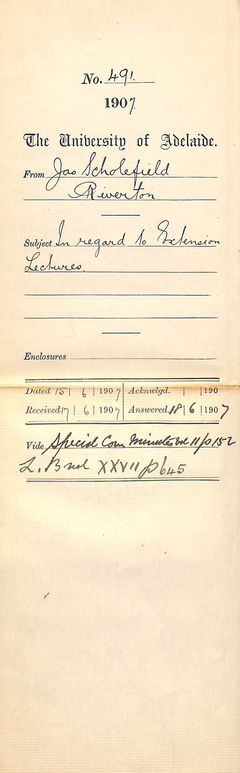 James Scholefield - Riverton - In regard to Extension Lectures