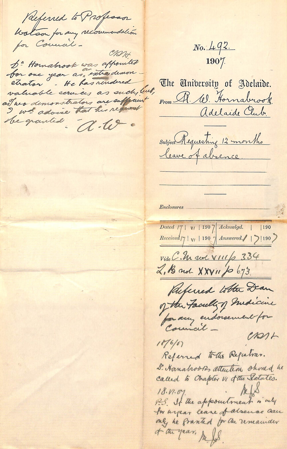 Rupert Walter Hornabrook - The Adelaide Club - Requesting 12 months leave of absence