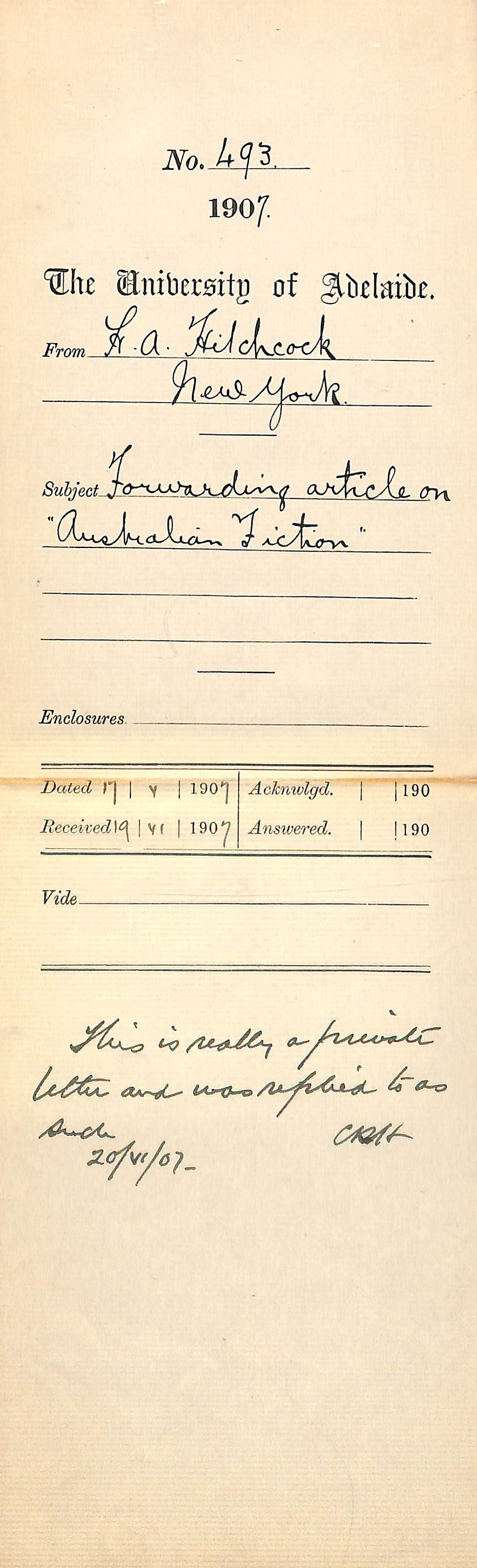 H A Hitchcock - New York - The Nation - Forwarding article on"Australian Fiction"