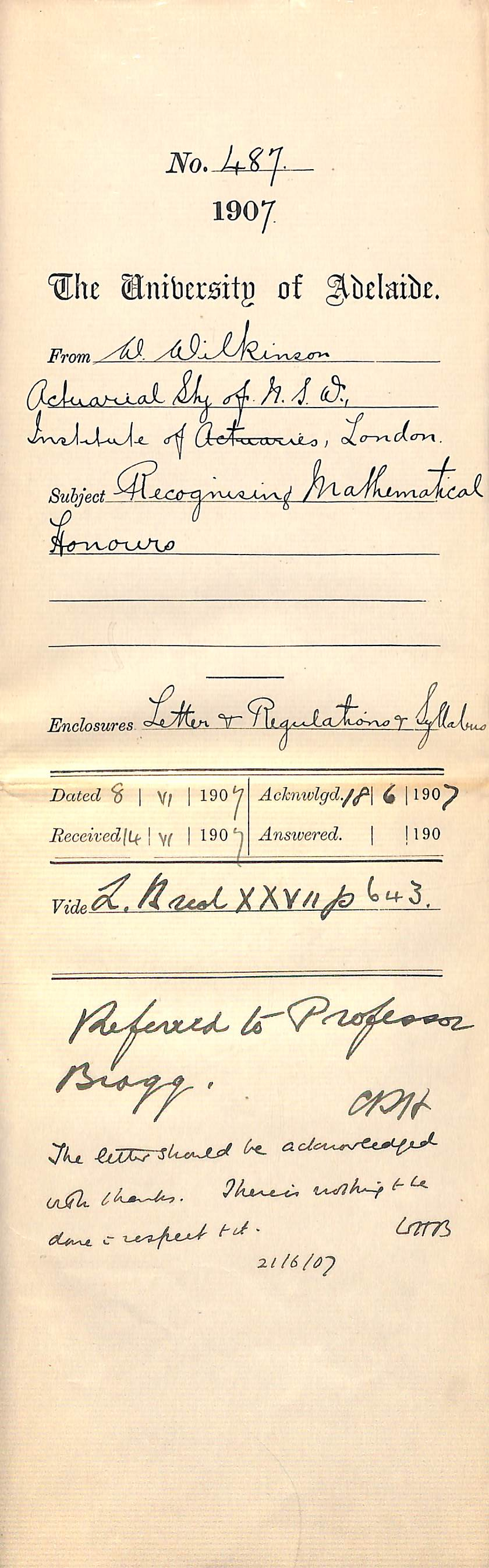 W Wilkinson - Honorary Secretary of the Actuarial Society of New South Wales - The Institute of Actuaries, London - Recognising Mathematical Honours   Enclosure: Letter and Regulations Syllabus