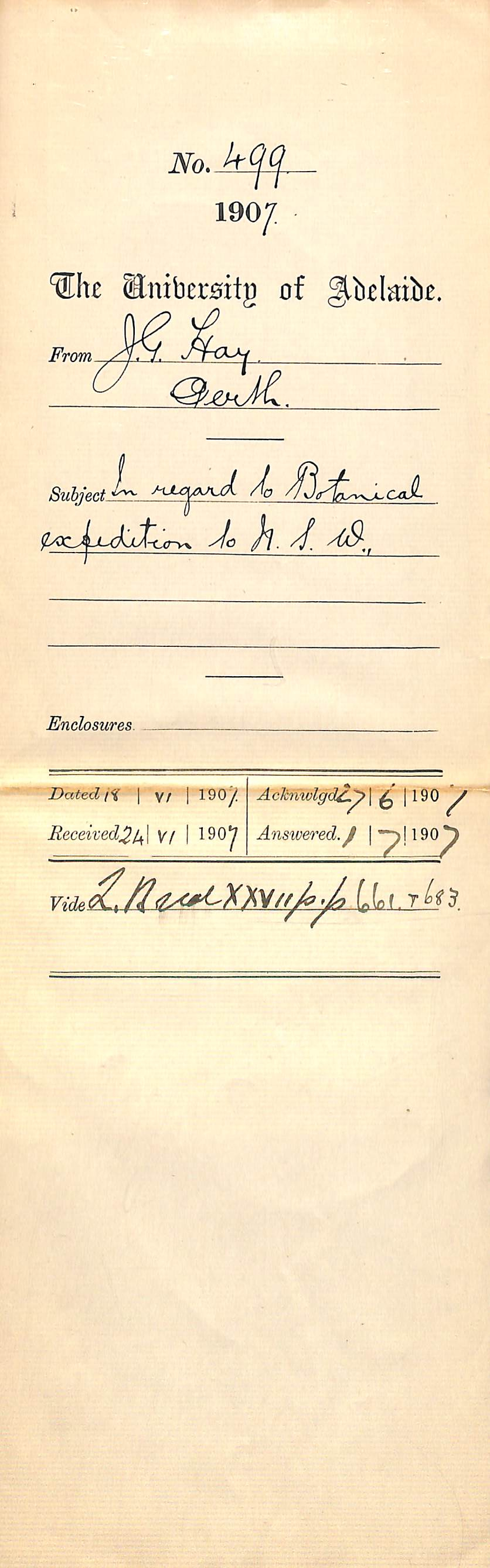 J G Hay - 182 Pier Street Perth, Western Australia - In regards to Botanical expedition to New South Wales