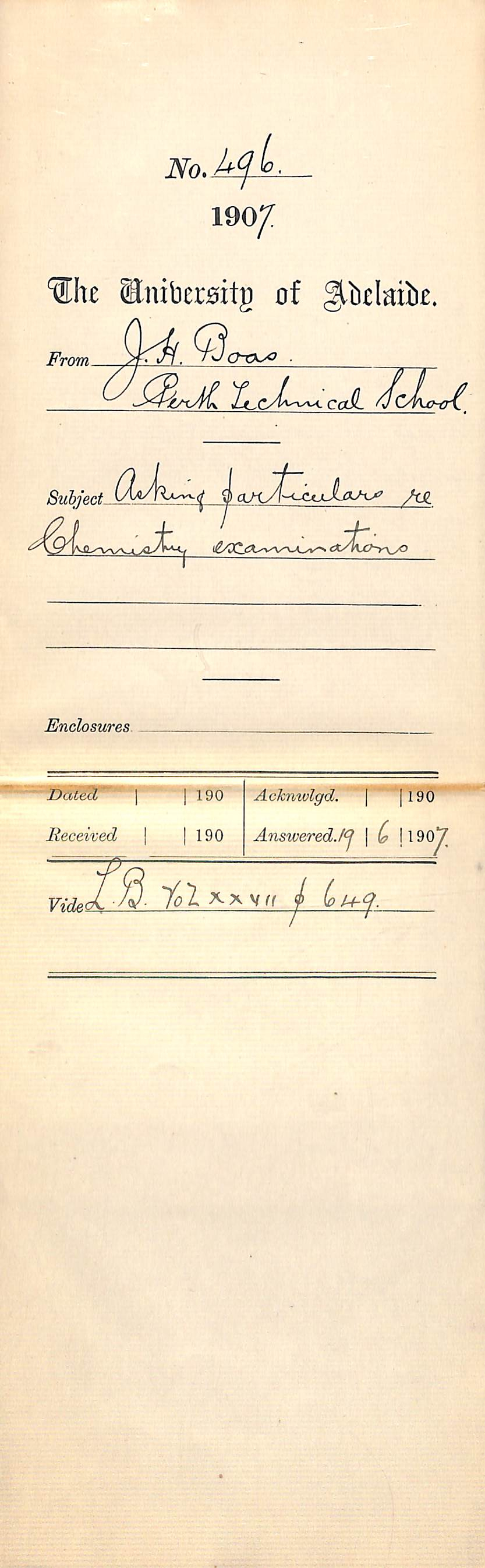 Isaac Herbert Boas - Perth Technical School - Asking particulars re Chemistry examinations