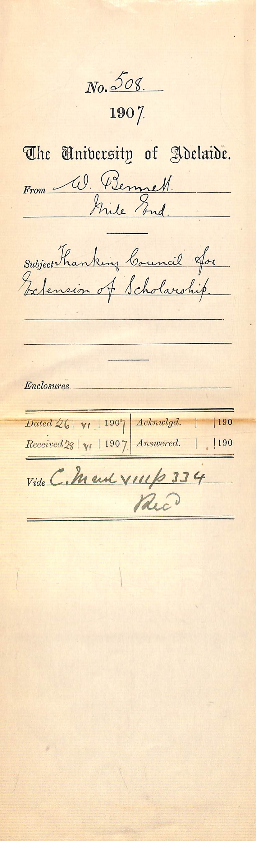 W Bennett - Mile End - Thanking Council for extension of Scholarship