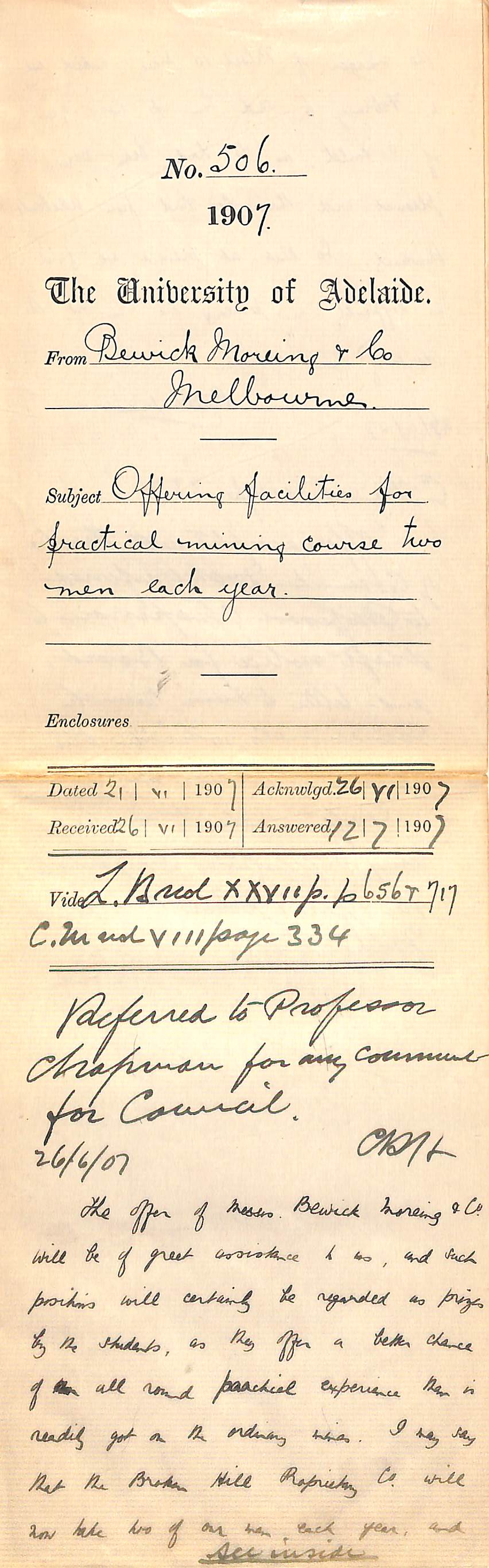 Bewick, Moreing and Company - Melbourne - Offering facilities for practical mining course for two men each year