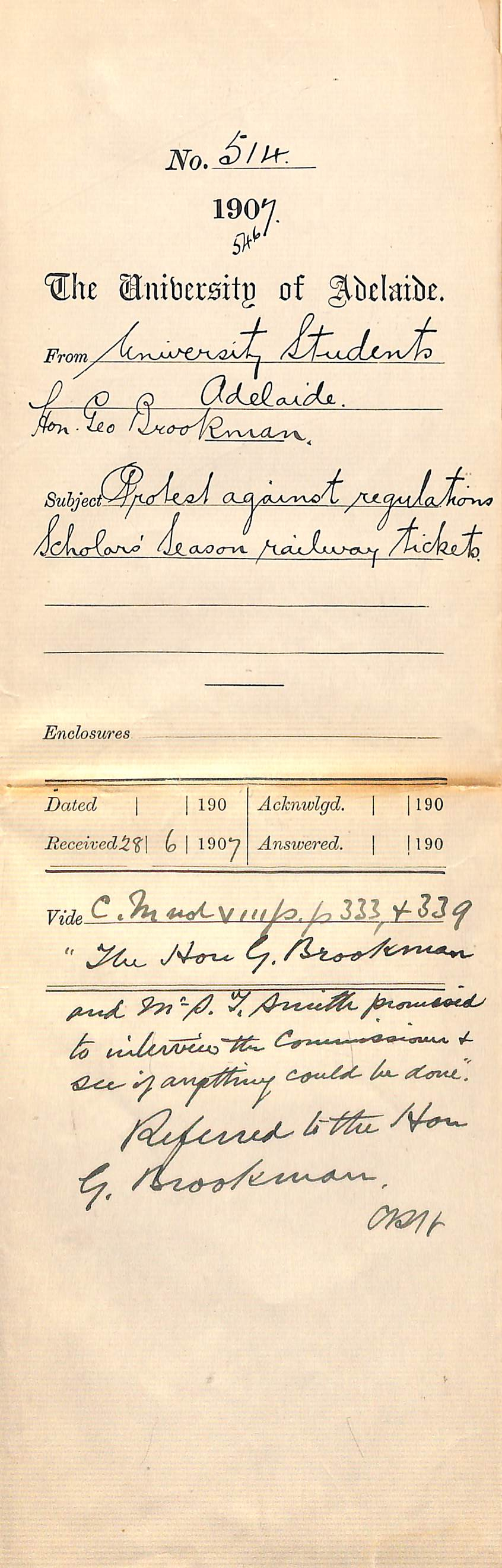 University students - Mr Talbot and Hon George Brookman - Adelaide - Protest against regulations for Scholars' season tickets