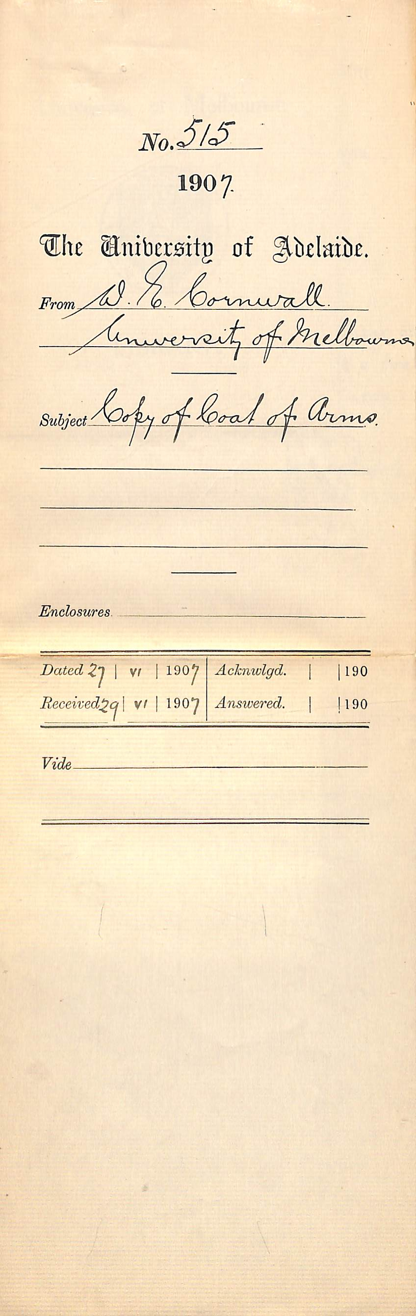 Walter Emerson Cornwall Registrar - The University of Melbourne - Copy of Coat of Arms