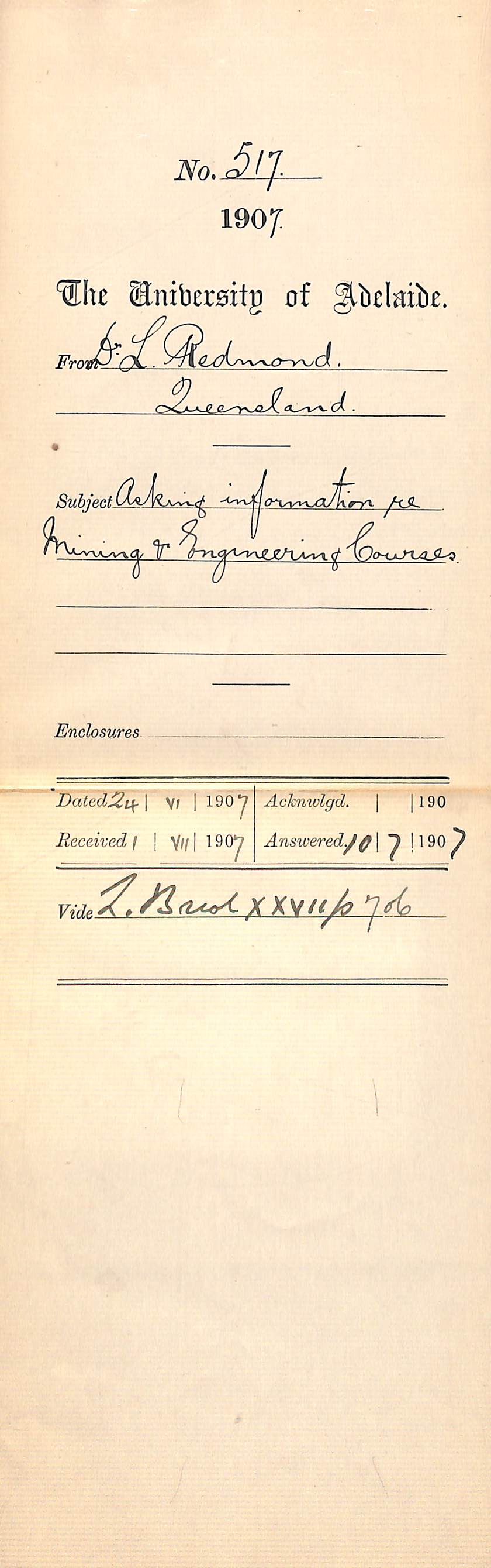 Dr Leonard Redmond - Queensland - Asking information re Mining and Engineering Courses