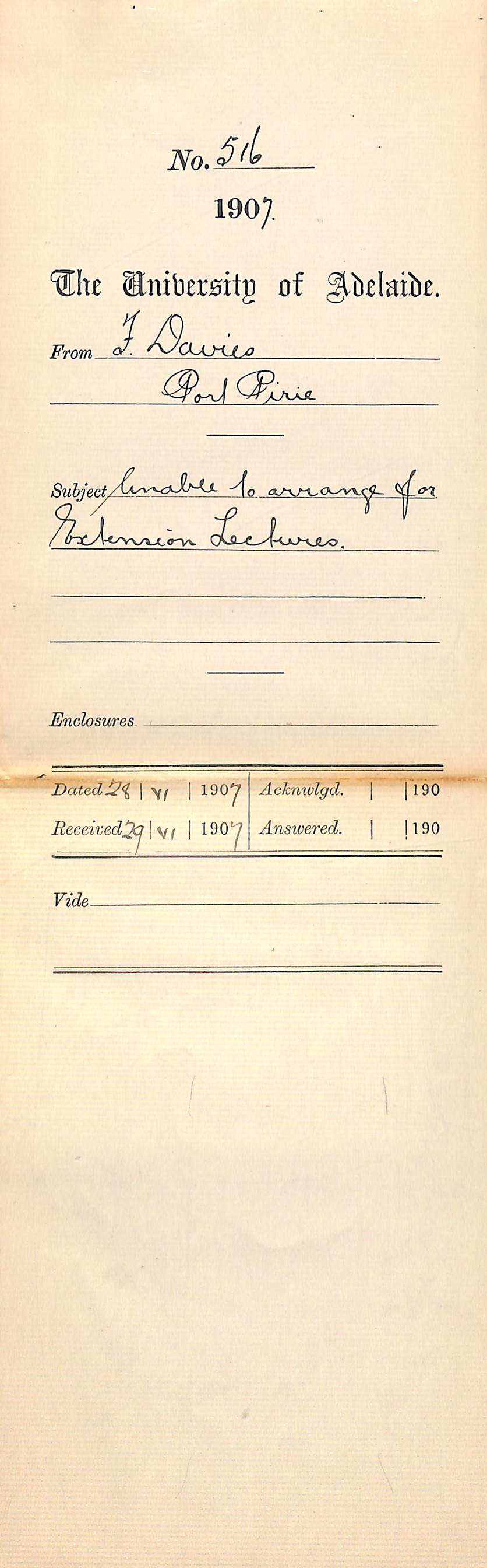 F Davies - Honorary Secretary - Port Pirie - Unable to arrange for Extension Lectures