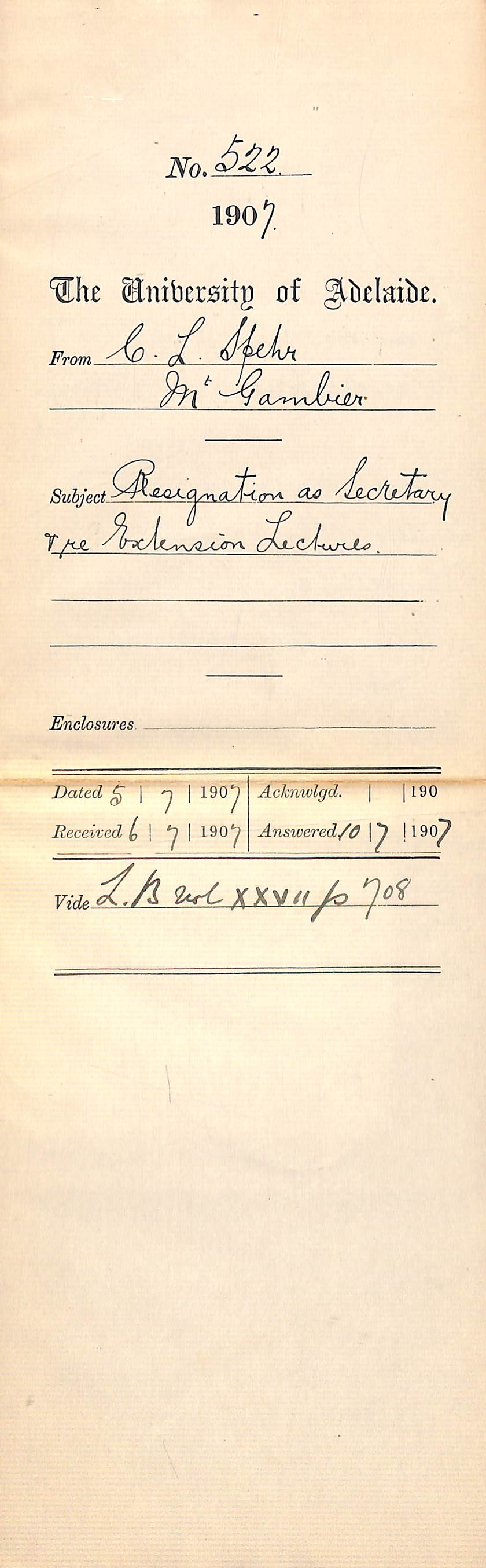 Carl Louis Spehr - Mount Gambier - Resignation as Secretary and re Extension Lectures