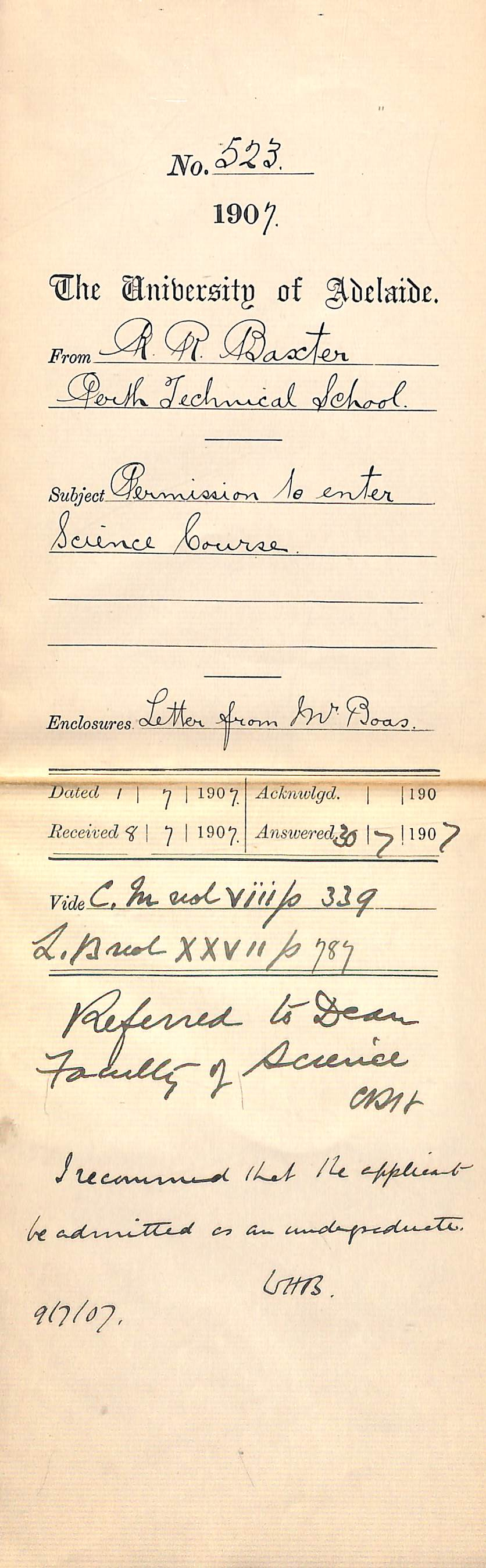 R R Baxter - Perth Technical School - Permission to enter Science Course     Enclosures - Letter from I H Boas