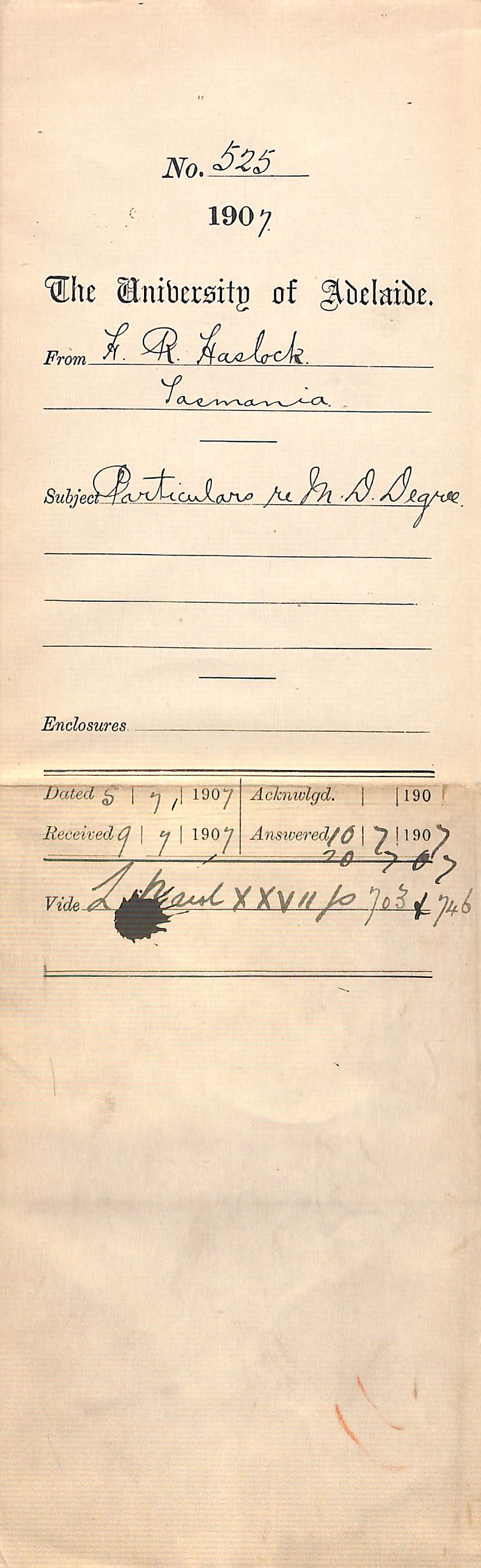 H R Haslock - State School Exton, Tasmania - Particulars re MD [Medical Doctor] Degree