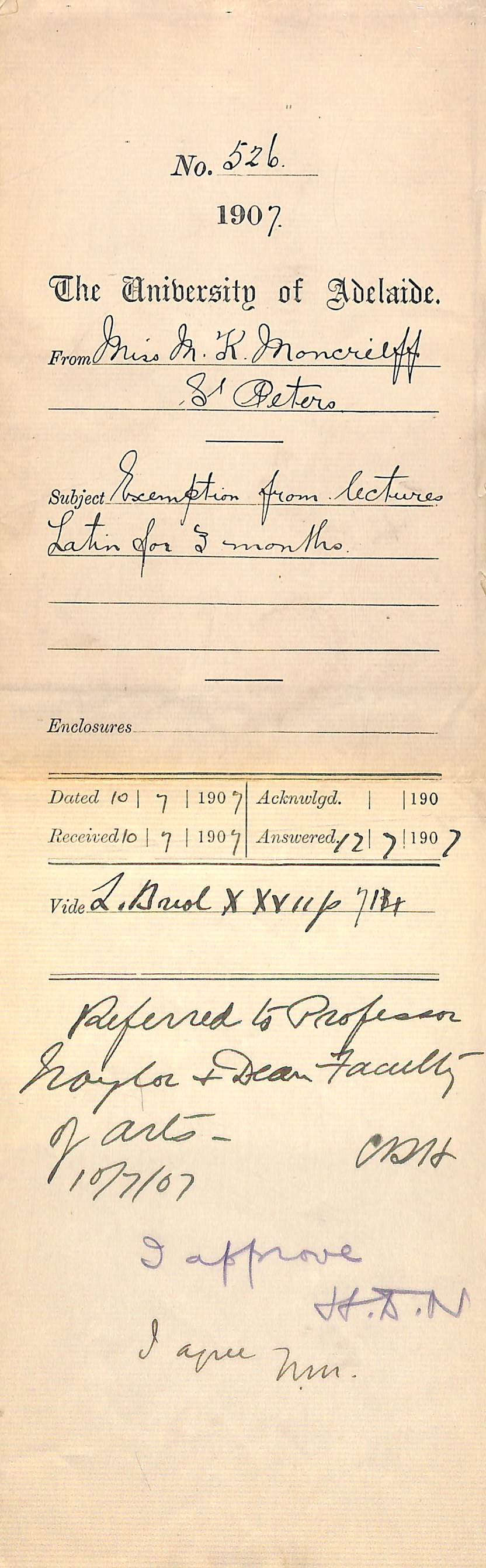 Mary Kathleen Moncrieff - St Peters - Exemption from Lectures Latin for 3 months