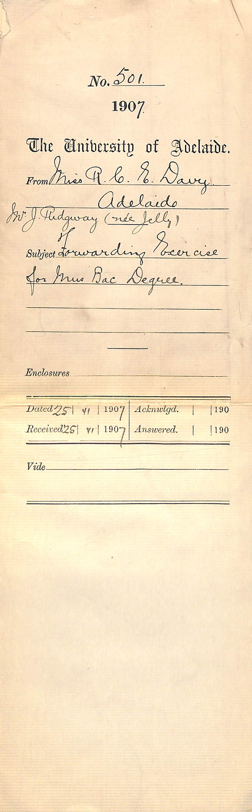 Miss Ruby C E Davy - Mrs Jeannie Ridgway (nee Jelley) - Adelaide - Forwarding Exercise for Mus Bac Degree