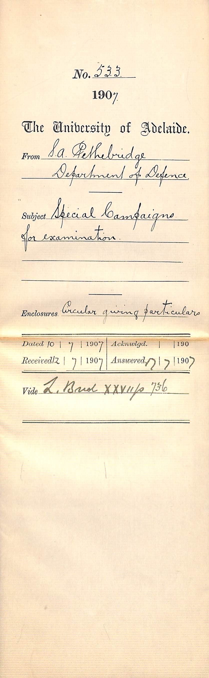 S A Pethebridge [Acting Secretary, Department of Defence] - Commonwealth of Australia, Department of Defence, Melbourne - Special Campaigns for examinations