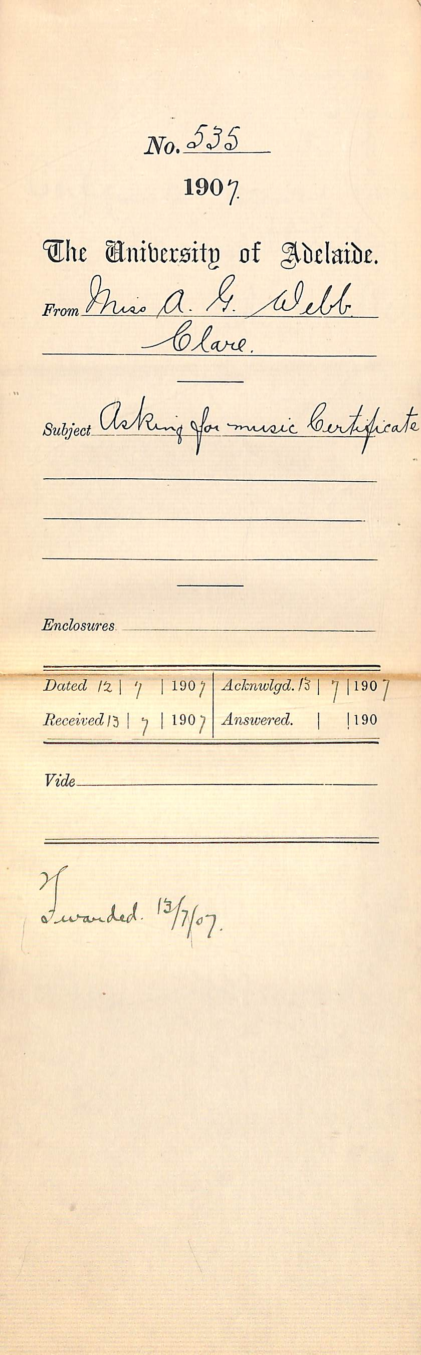 Miss A G Webb  [Windsor Lodge] Clare - Asking for music Certificates