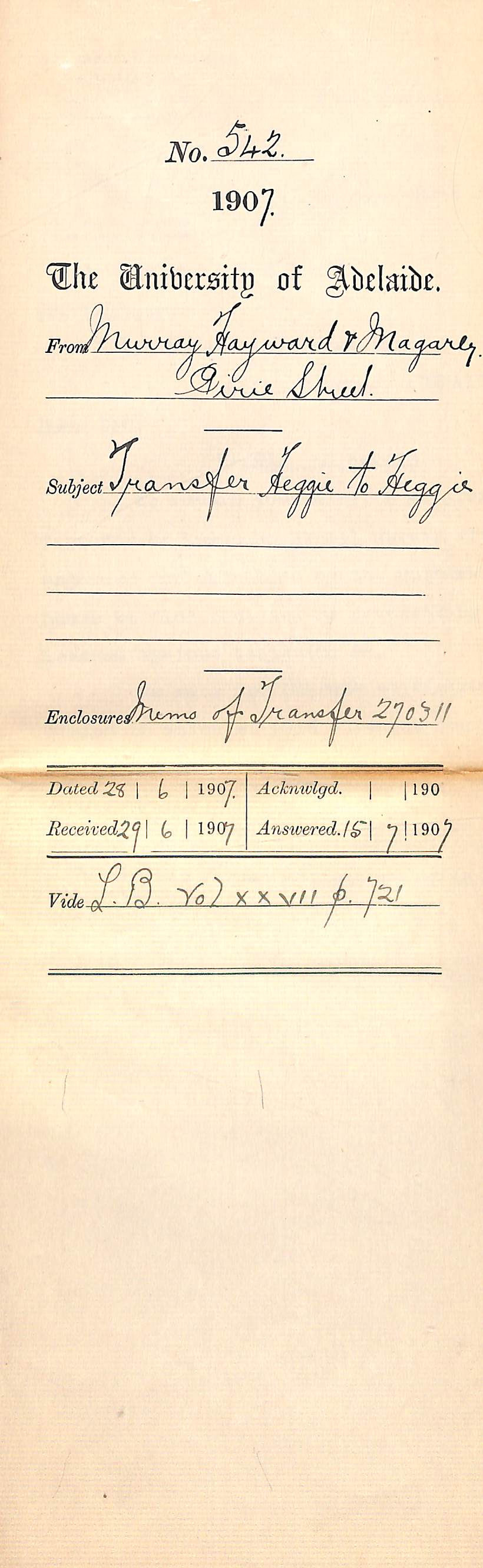 Murray, Hayward and Magarey [Solicitors] - [City Chambers, Pirie Street] Adelaide - Transfer Heggie to Heggie   Enclosures: Memo of Transfer 270311