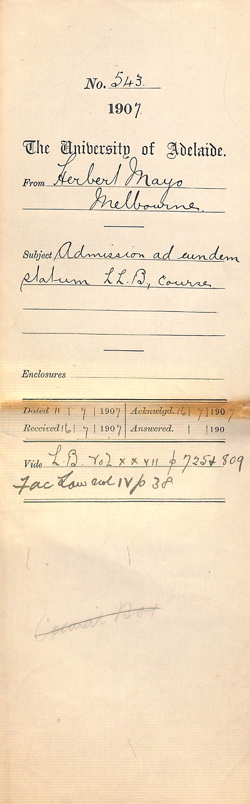 Herbert Mayo - Melbourne - Admission ad eundem statum to LLB Course