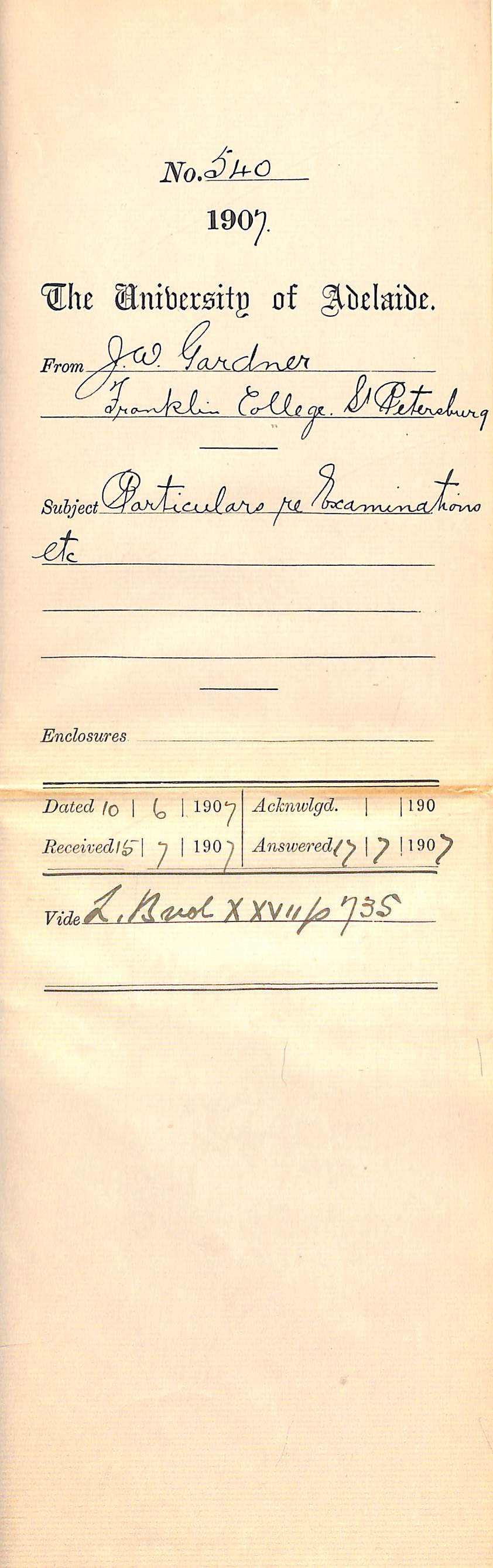 J W Gardner - Franklin College St Petersburg - Particulars re Examinations etc