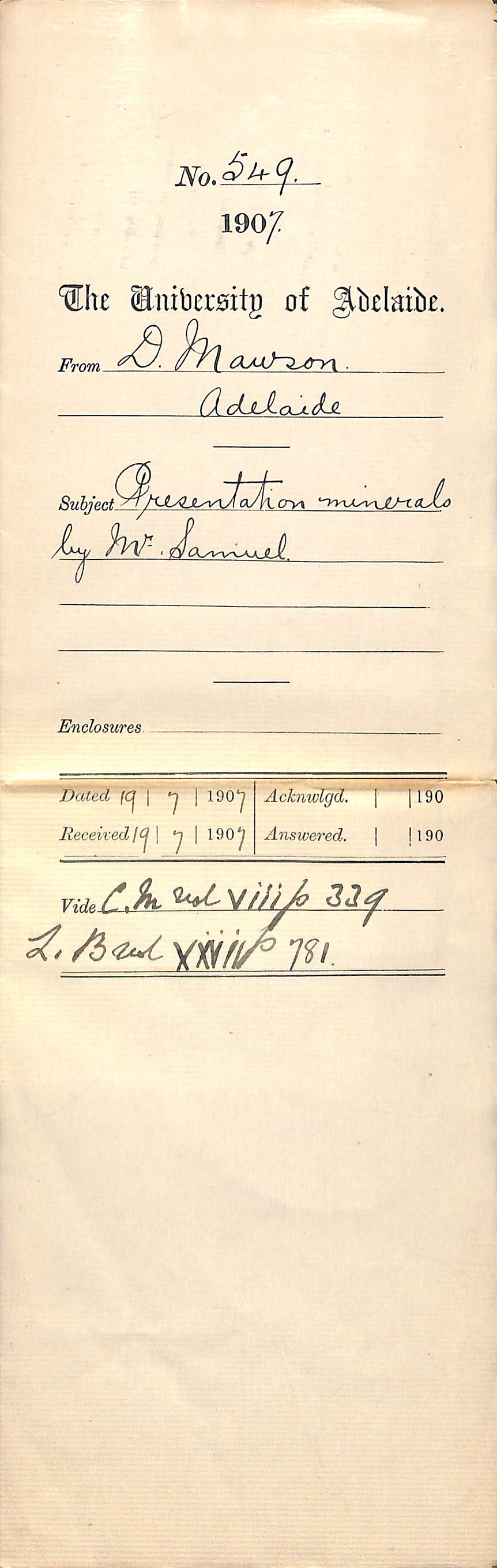 Douglas Mawson - Adelaide - Presentation minerals by Mr Samuel