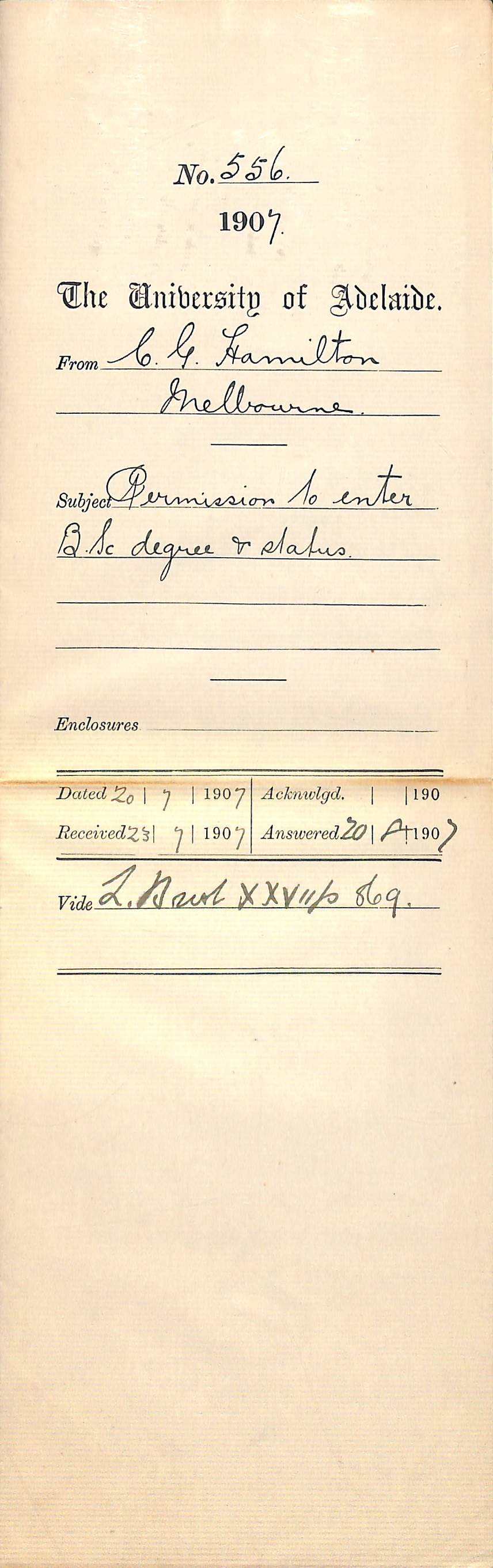 Charles G Hamilton - Melbourne - Permission to enter B Sc degree and status