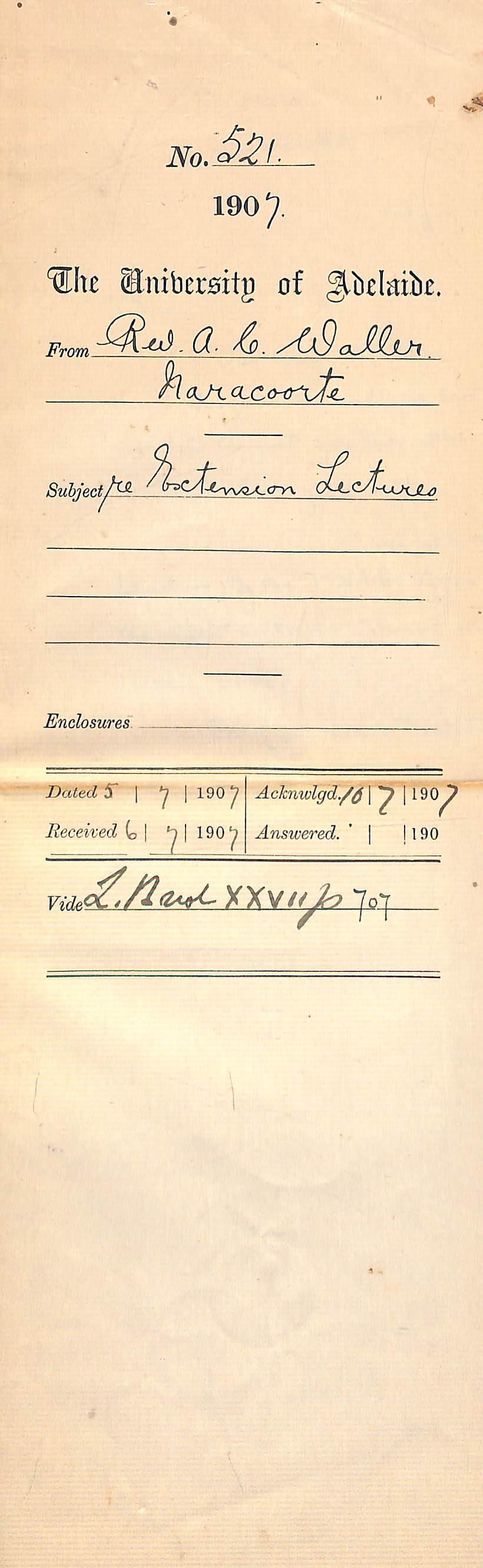 Reverend A C Waller - Naracoorte - Re Extension Lectures