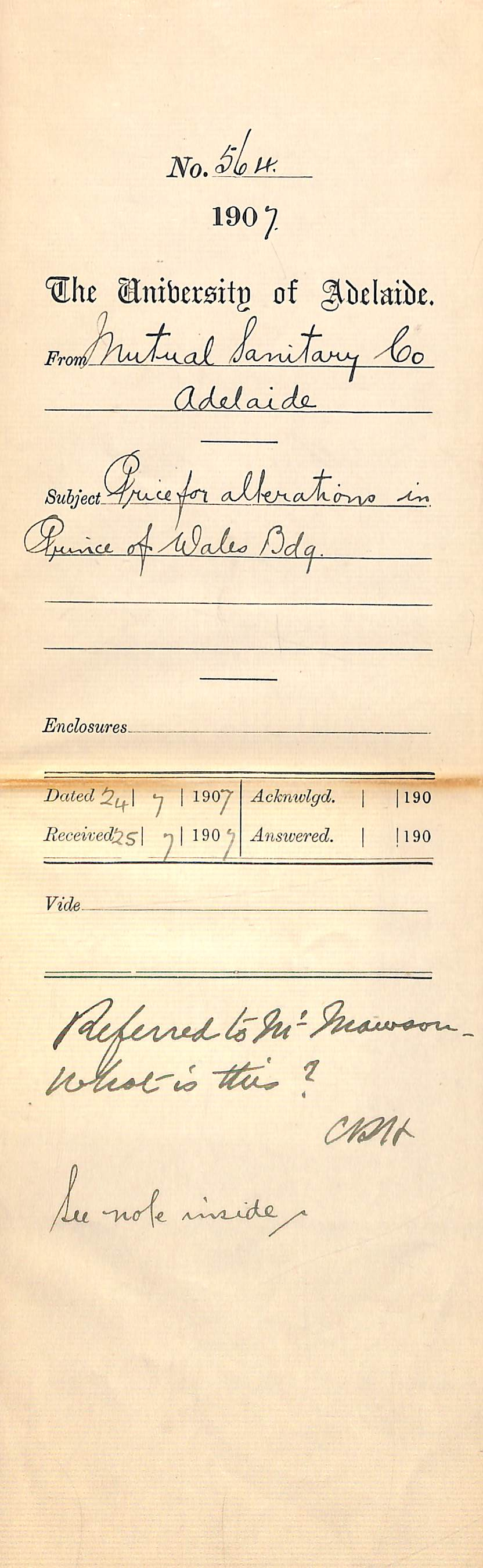 Mutual Sanitary Maintenance Company - Adelaide - Price for alterations in Prince of Wales Building