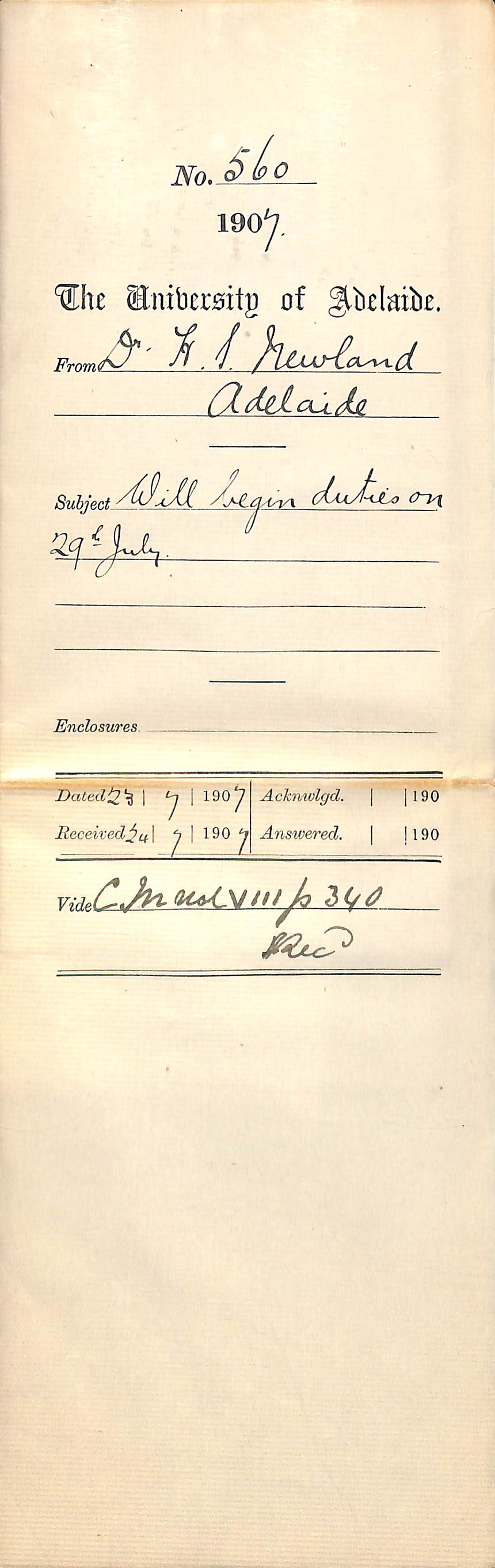 Dr Henry Simpson Newland - Adelaide - Will begin duties on 29th July