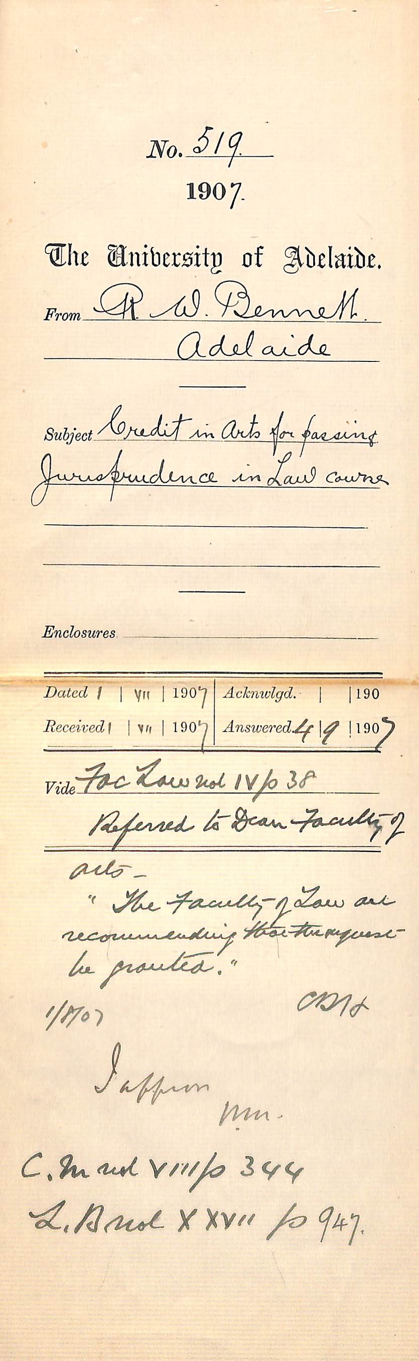 R W Bennett - Adelaide - Credit in Arts for passing Jurisprudence in Law course