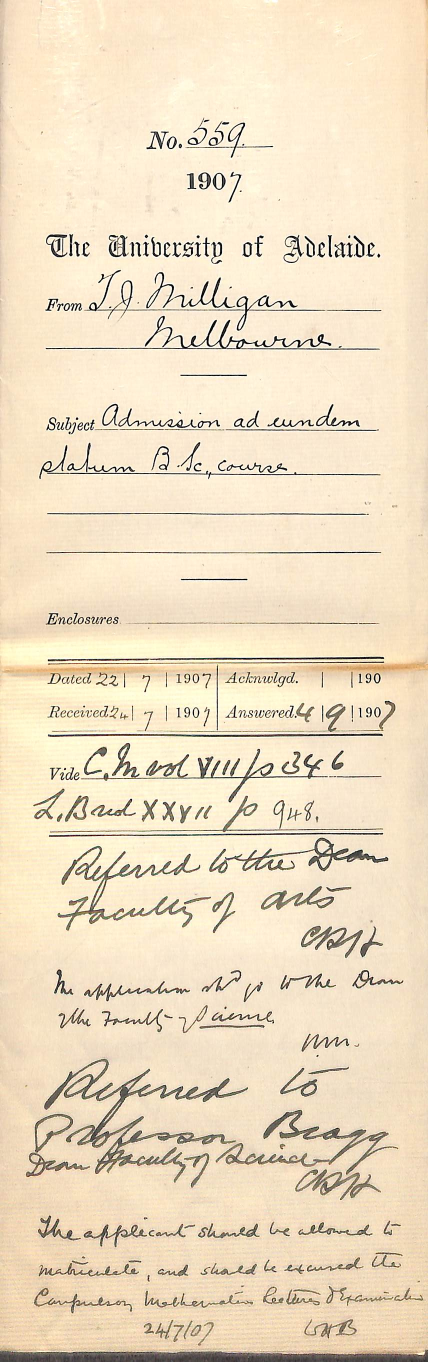 Thomas J Milligan - Melbourne - Admission ad eundem statum B Sc course