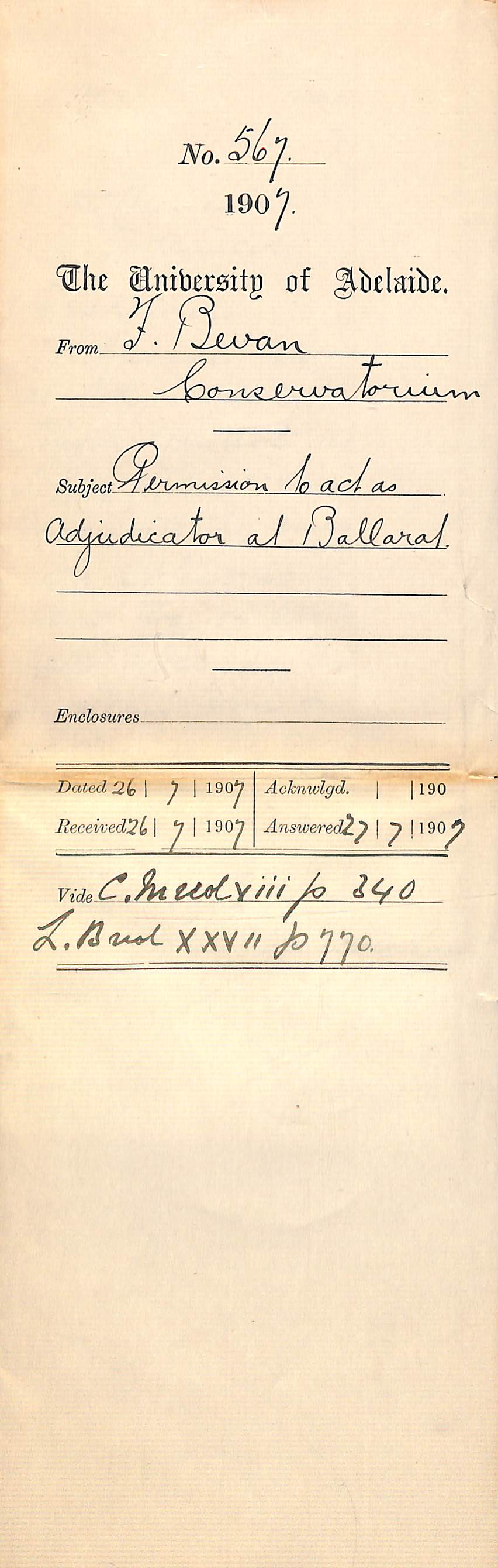 Frederick Bevan - Conservatorium - Permission to act as adjudicator at Ballarat