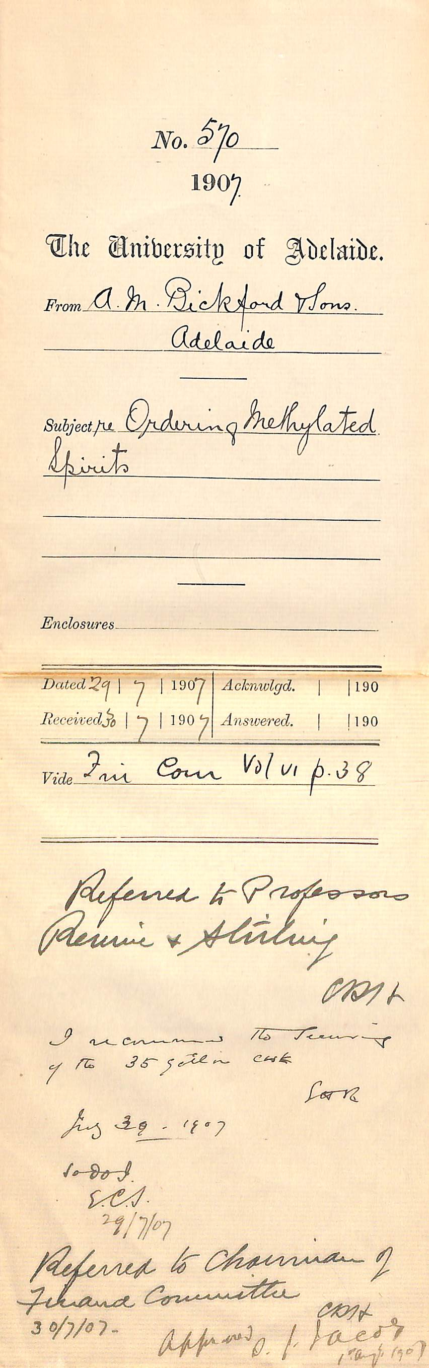 A M Bickford and Sons - Adelaide - re Ordering Methylated Spirits