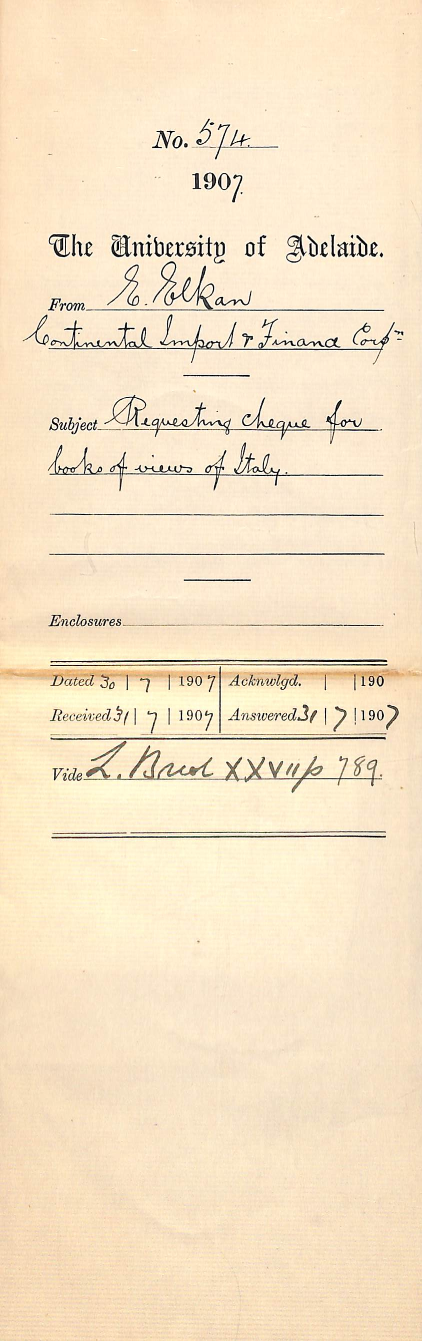 Eugen Elkan - Continental Import and Finance Corporation - Requesting cheque for - books of views of Italy