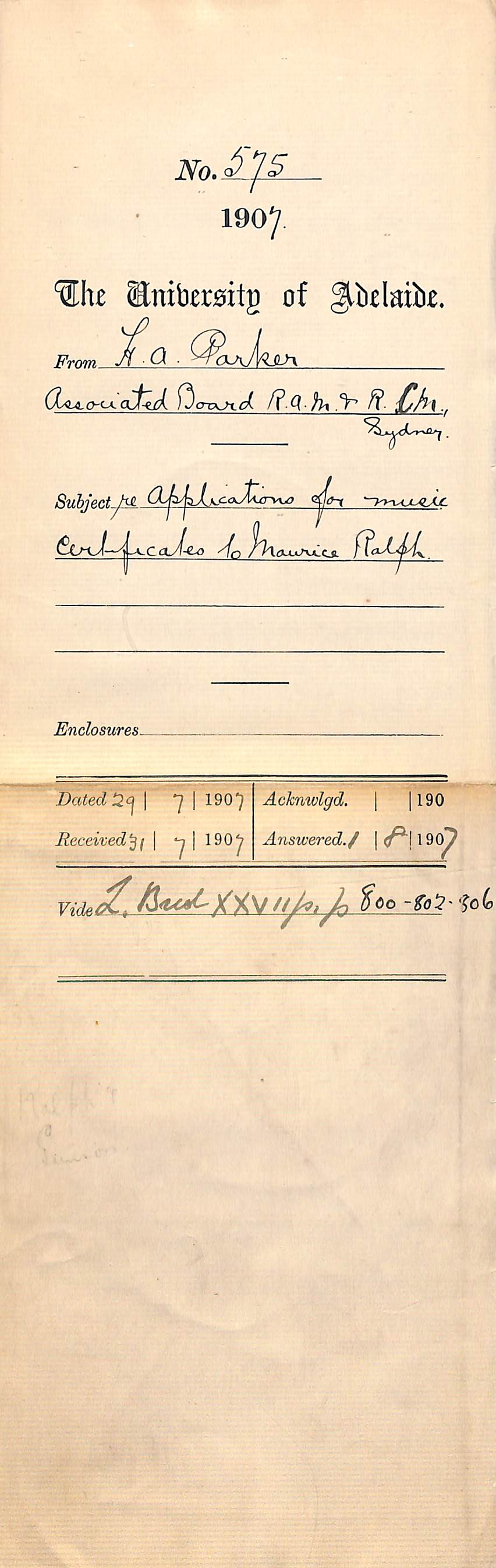 H A Parker - Associated Board Royal Academy of Music and Royal College of Music - Sydney - re Applications for music - certificates to Maurice Ralph