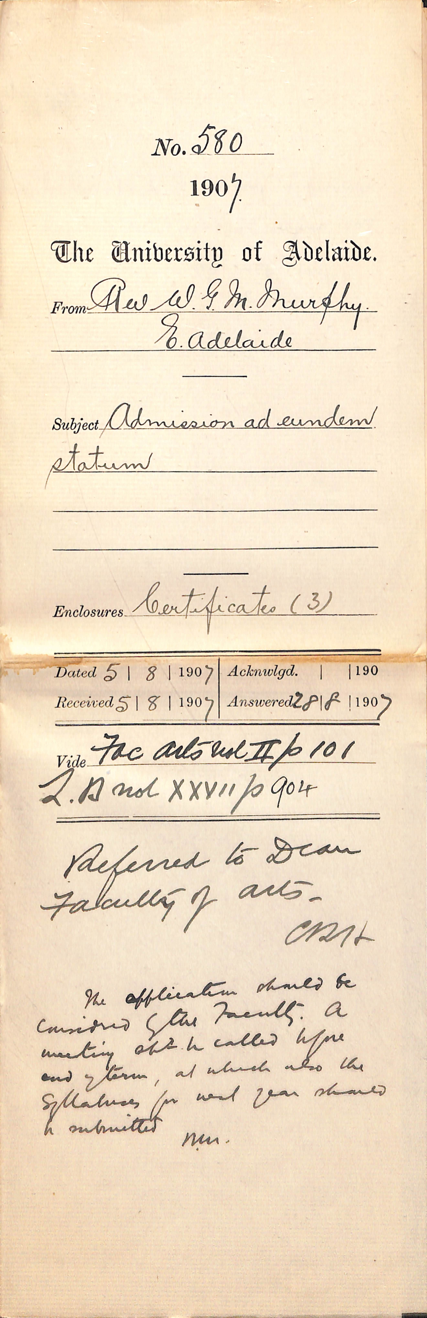 Reverend W G M Murphy - East Adelaide - Admission ad eundem statum