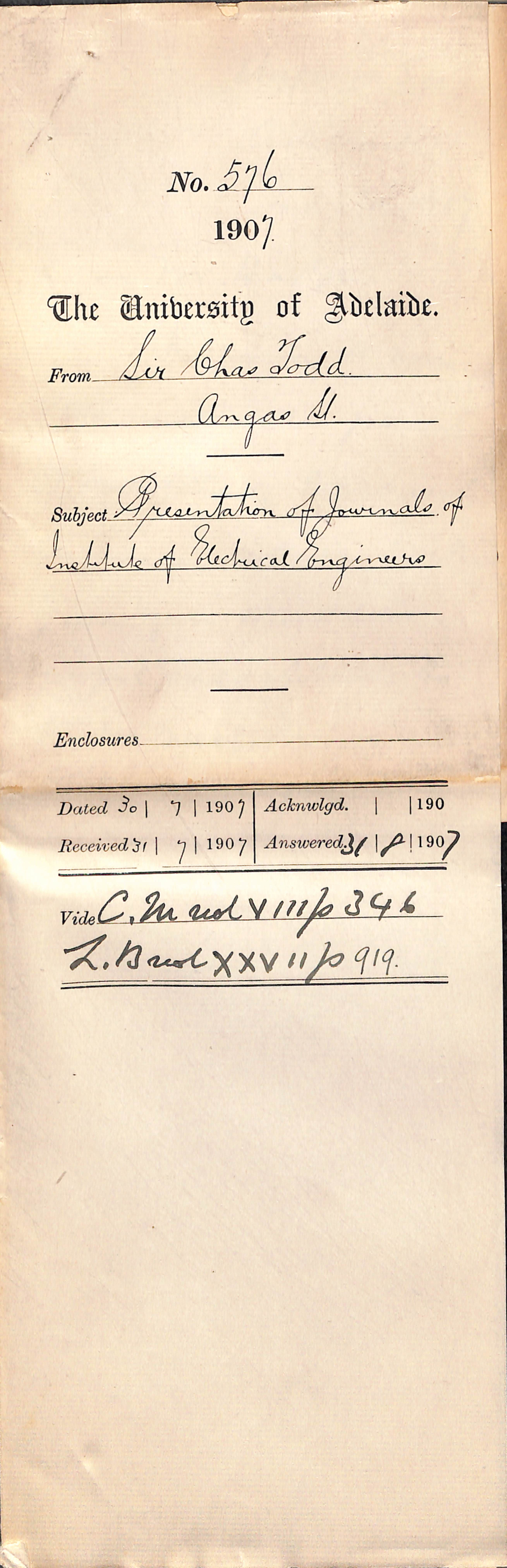 Sir Charles Todd - Angas St - Presentation of Journals of - Institute of Electrical Engineers