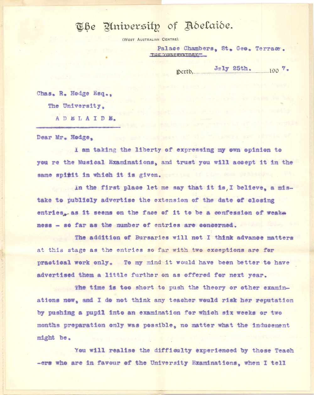 E A Randall - Perth - Opinion re Music - examinations in Western Australia