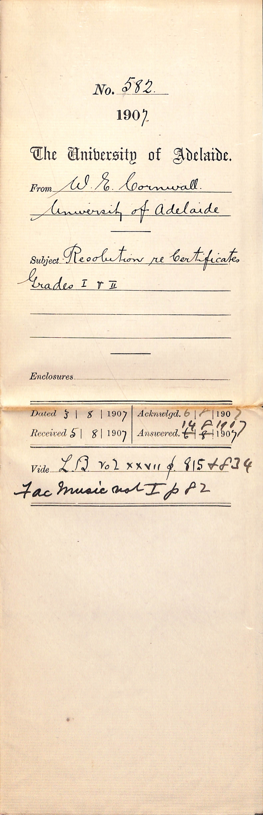 Walter Emerson Cornwall - University of Melbourne - Resolution re Certificates - Grades 1 and 2