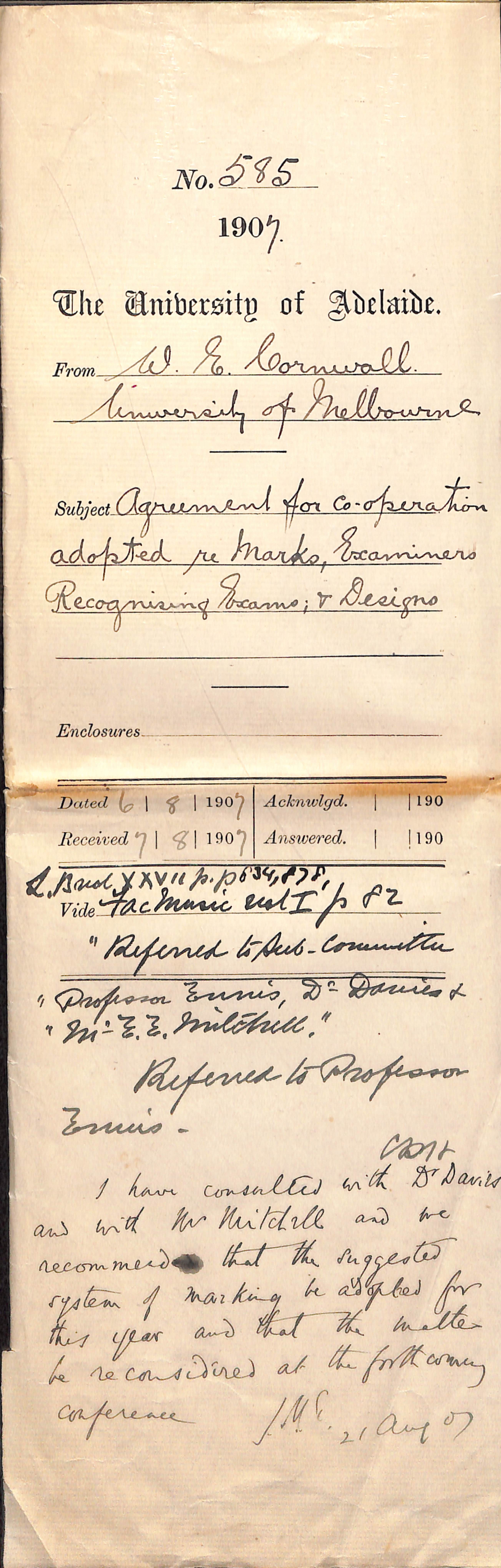 Walter Emerson Cornwall - University of Melbourne - Agreement for cooperation adopted re Marks - Examiners - Recognising Exams - Designs