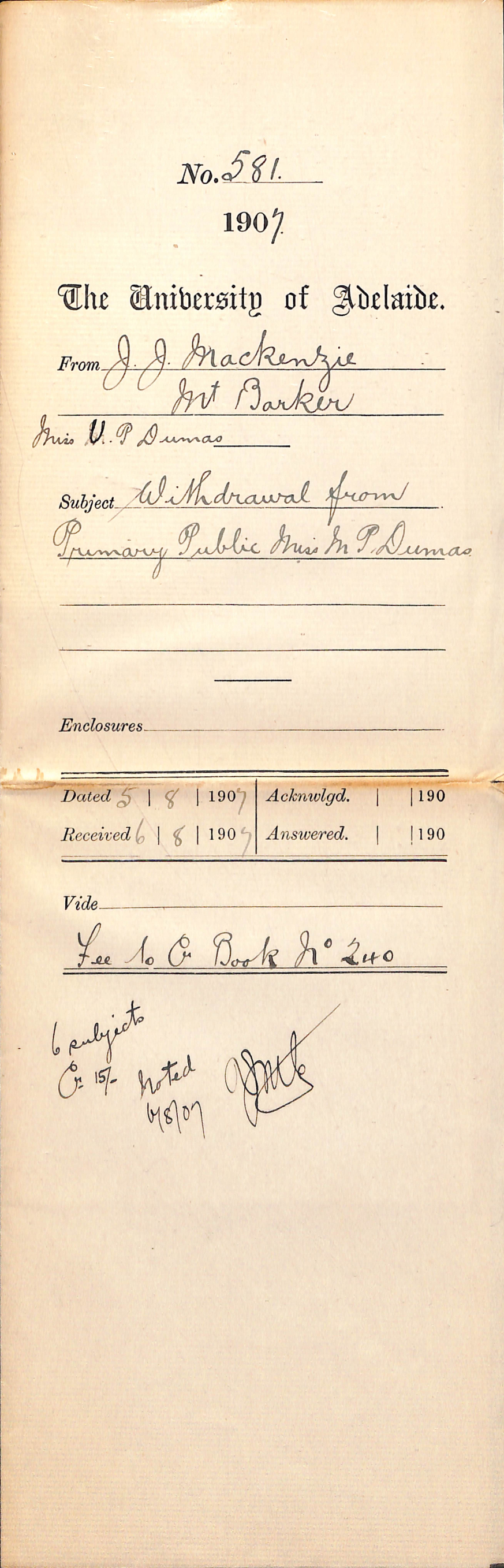 J J Mackenzie - Mt Barker - Miss V P Dumas - Withdrawal from - Primary Public Miss M P Dumas