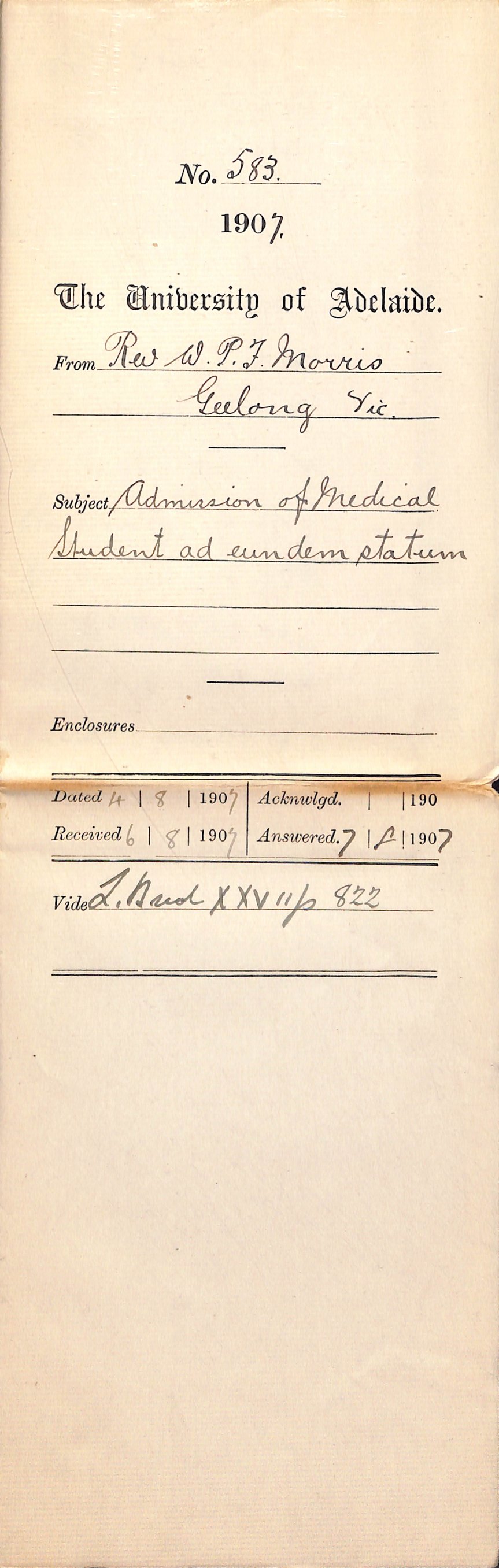 Reverend William P F Morris - Geelong Victoria - Admission of Medical Student ad eundem statum
