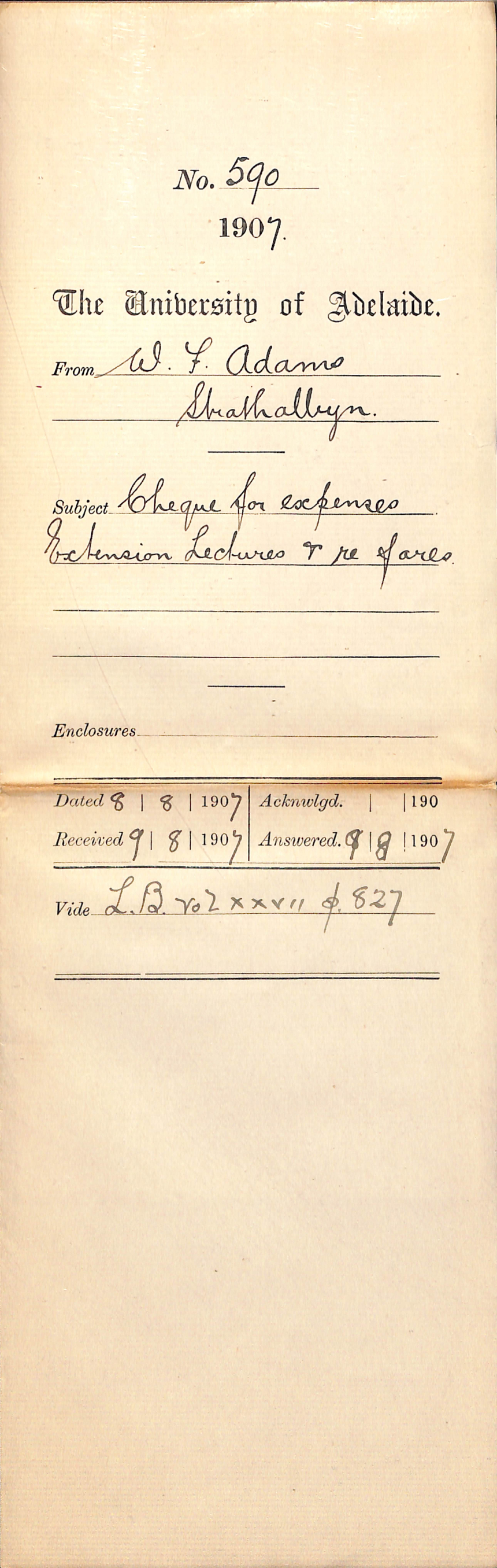 W F Adams - Strathalbyn - Cheque for expenses - Extension Lectures and re fares