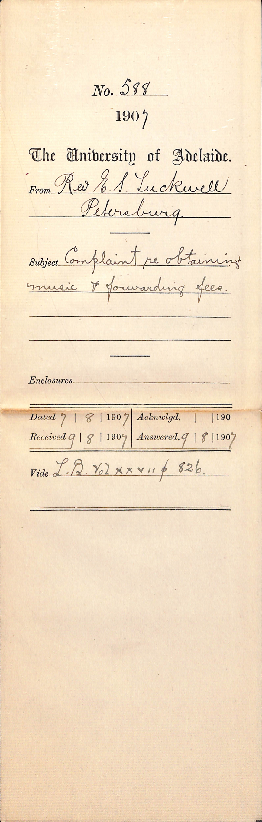 Reverend E S Tuckwell - Petersburg - Complaint re obtaining music and forwarding fees