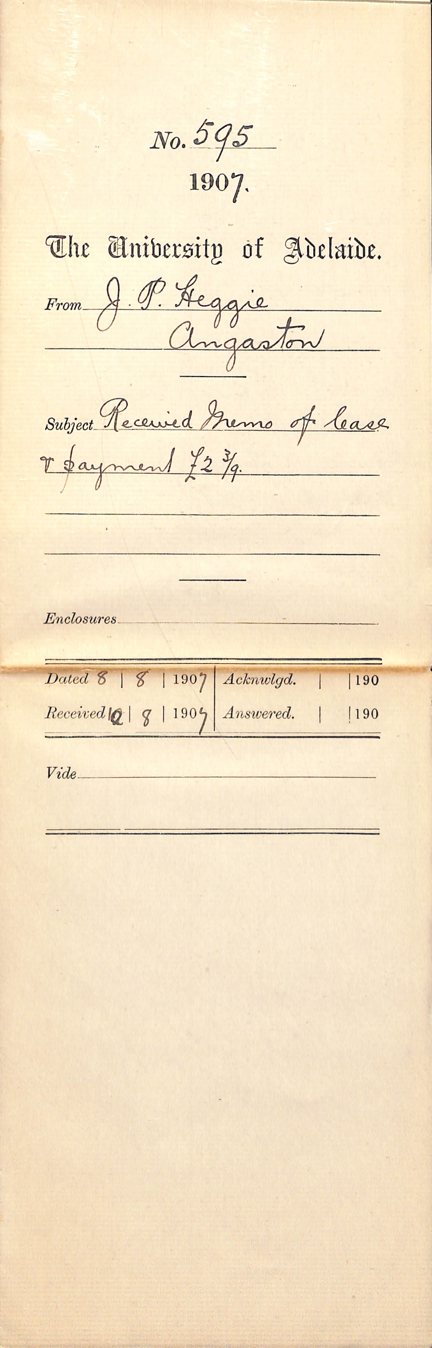 J P Heggie - Angaston - Received Memo of lease and payment &pound;2-3-9