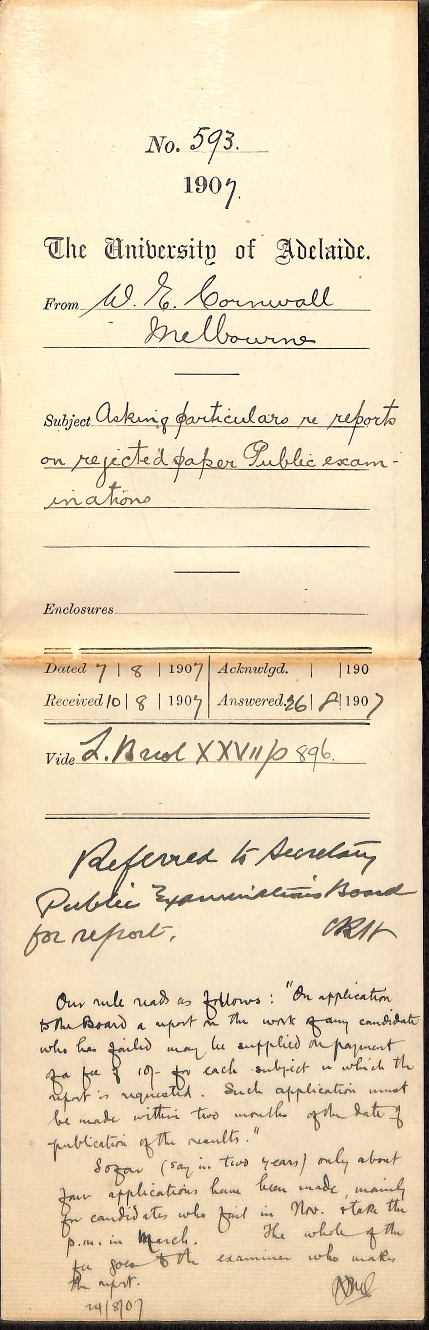 Walter Emerson Cornwall - Melbourne - Asking particulars re reports on rejected paper Public examinations