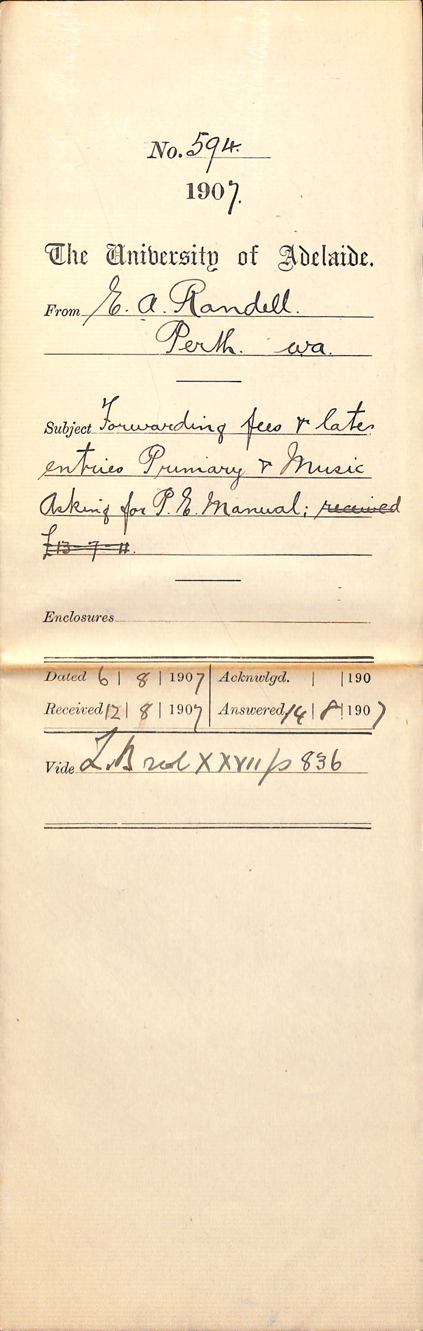 E A Randell - Perth Western Australia - Forwarding fees and late entries Primary and Music - Asking for PE Manual