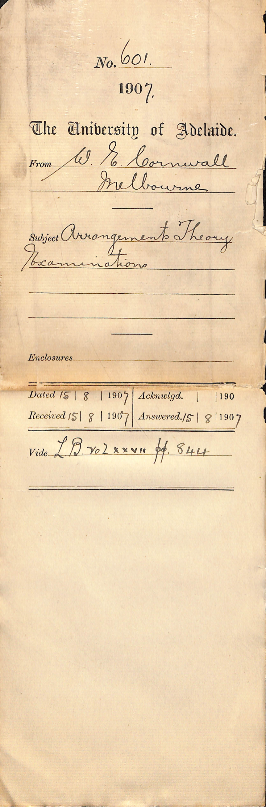 Walter Emerson Cornwall - Melbourne - Arrangements Theory Examination